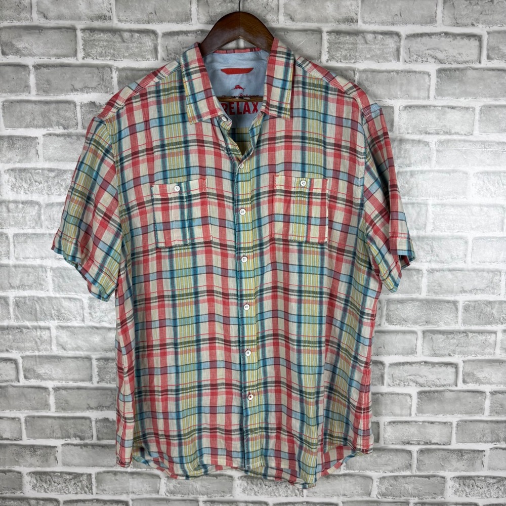 Tommy Bahama Mens XL Colorful Plaid Linen Cotton Short Sleeve Button Down Shirt